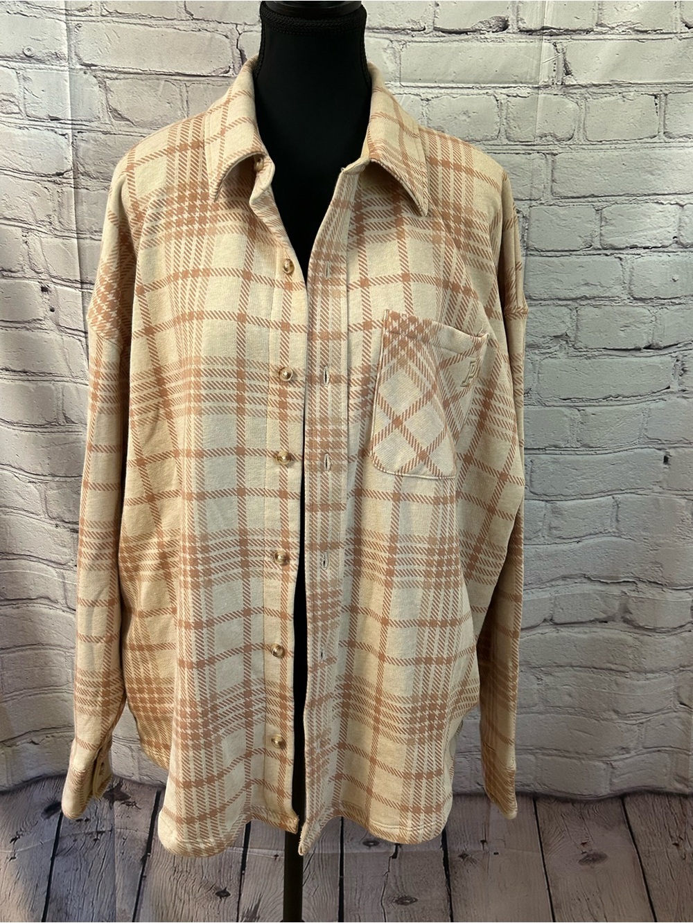 PINK Victoria's Secret Cream & Tan Plaid Button-Down Shirt